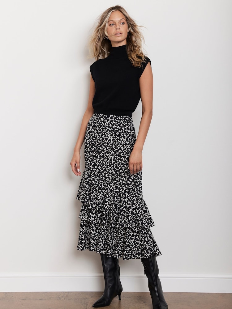Mint Velvet Black Bow Print Ruffle Midi Skirt - Image 2 of 7