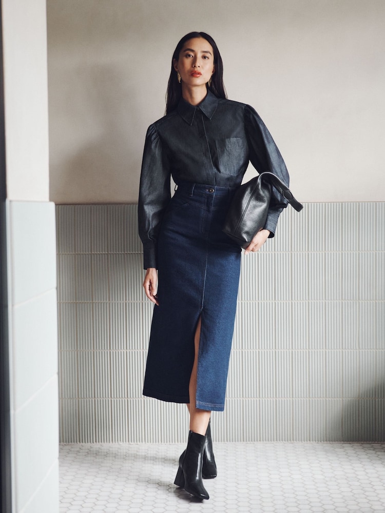 Vivere Blue Denim Midi Skirt - Image 1 of 5