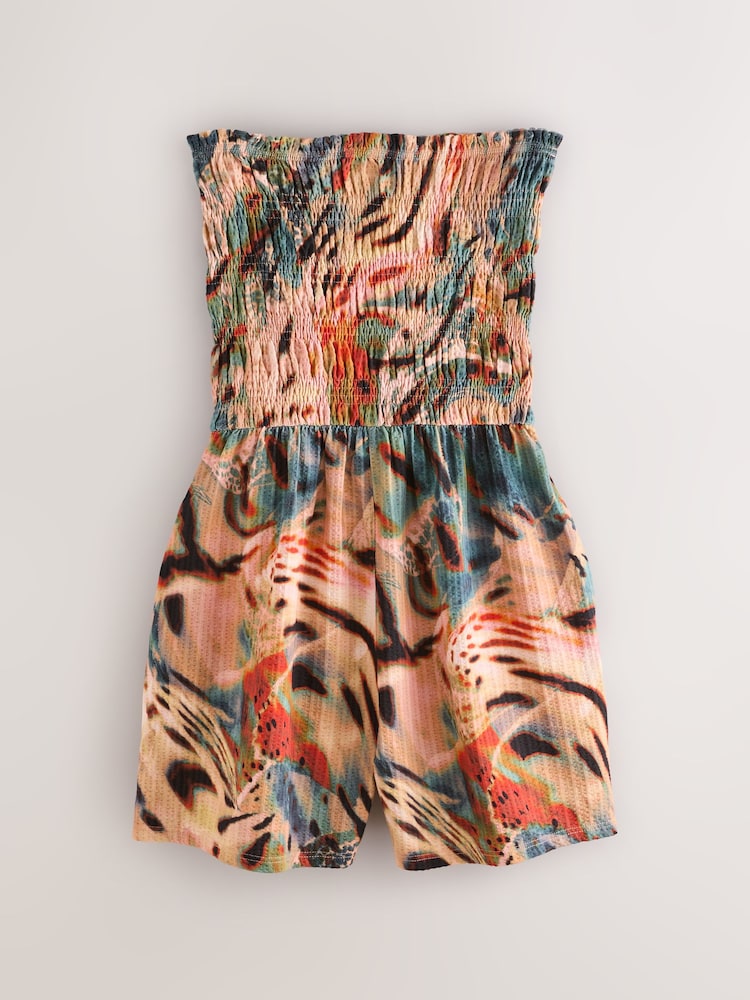 Teal Blue Bandeau Shirred 100% Cotton Playsuit - Image 1 of 3