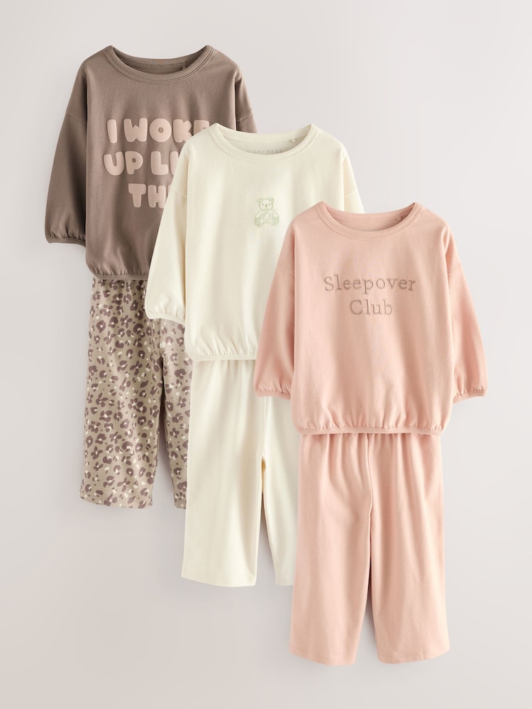 Ecru/Pink Slogan Print Wide Leg Pyjamas 3 Pack (9mths-10yrs) - Image 1 of 7