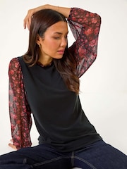 Roman Red 2-In-1 Floral Print Mesh Sleeve Top - Image 1 of 5