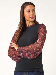 Roman Red 2-In-1 Floral Print Mesh Sleeve Top - Image 4 of 5