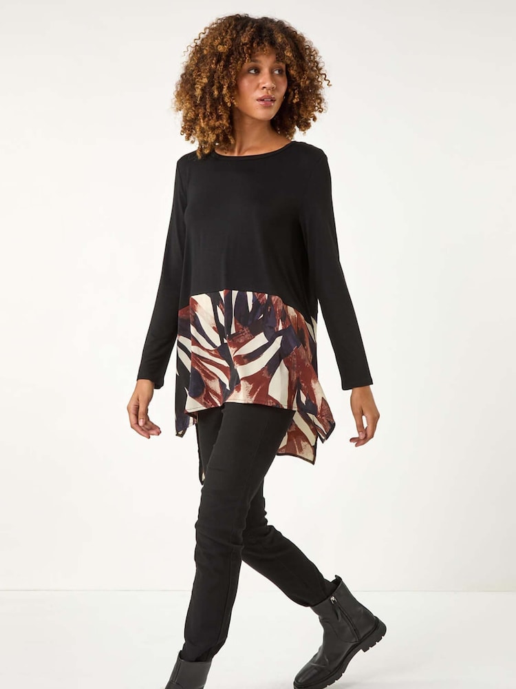 Roman Black 2-in-1 Abstract Print Chiffon Hem Top - Image 1 of 5