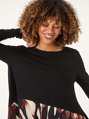 Roman Black 2-in-1 Abstract Print Chiffon Hem Top - Image 4 of 5