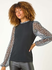 Roman Black 2-In-1 Animal Print Mesh Sleeve Top - Image 4 of 6
