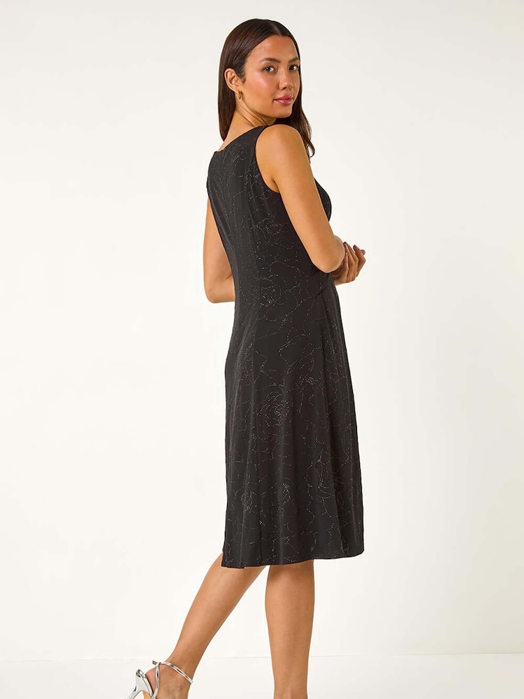 Roman Black Sparkle Floral Stretch Wrap Dress - Image 1 of 6 Roman Black Sparkle Floral Stretch Wrap Dress - Image 1 of 6