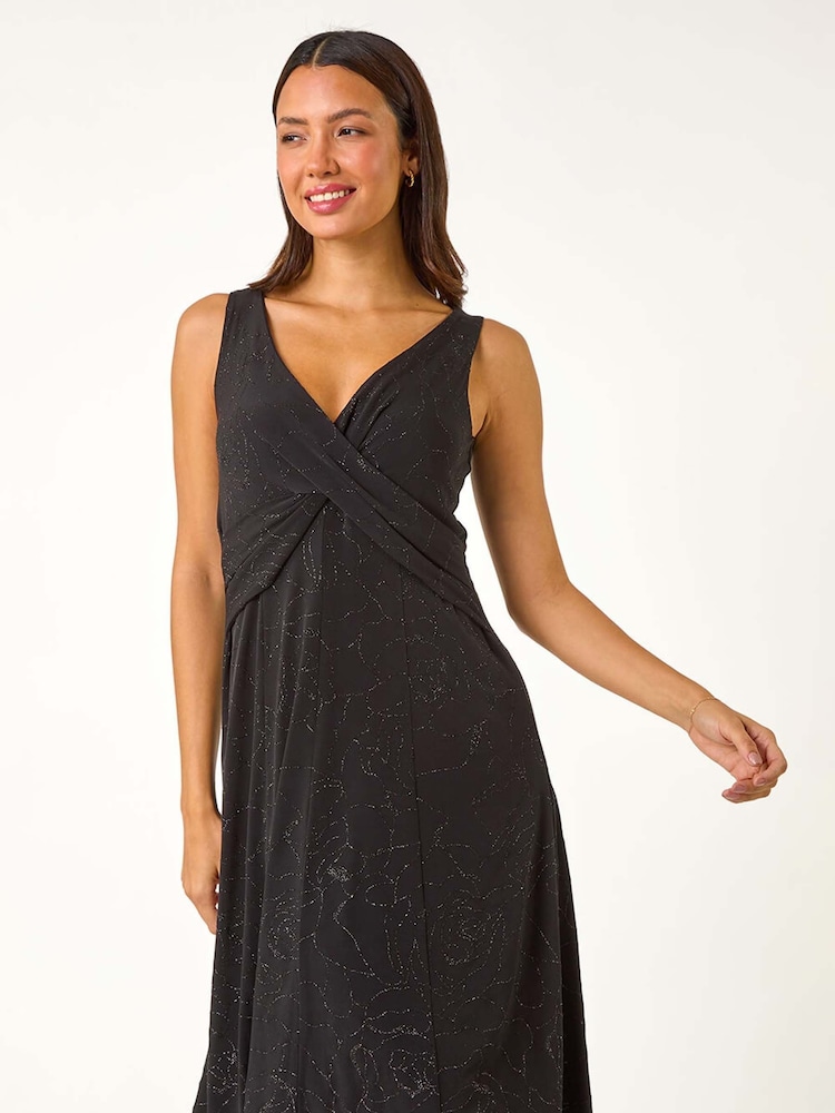 Roman Black Sparkle Floral Stretch Wrap Dress - Image 6 of 6 Roman Black Sparkle Floral Stretch Wrap Dress - Image 6 of 6