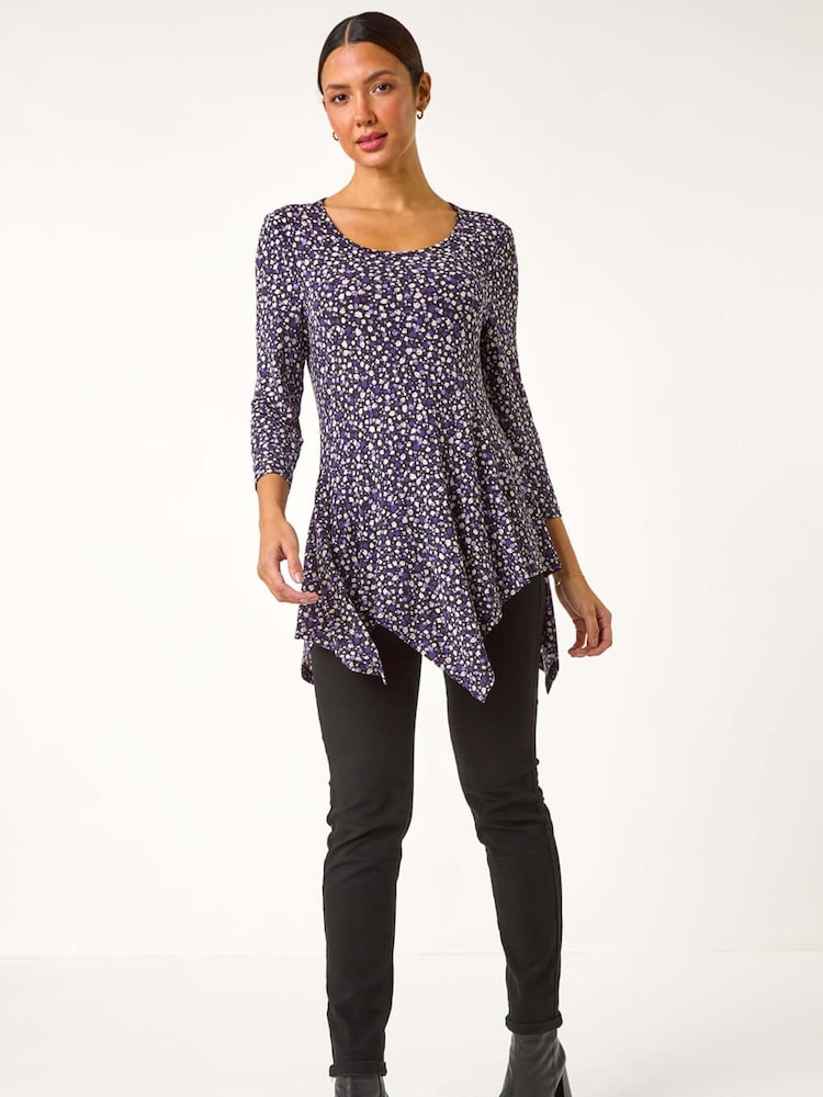Roman Purple Spot Print Asymmetric Stretch Tunic - Image 1 of 5 Roman Purple Spot Print Asymmetric Stretch Tunic - Image 1 of 5