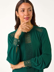 Roman Green Lace Trim Detail Stretch Top - Image 2 of 5