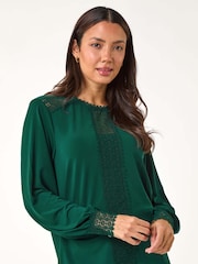 Roman Green Lace Trim Detail Stretch Top - Image 4 of 5