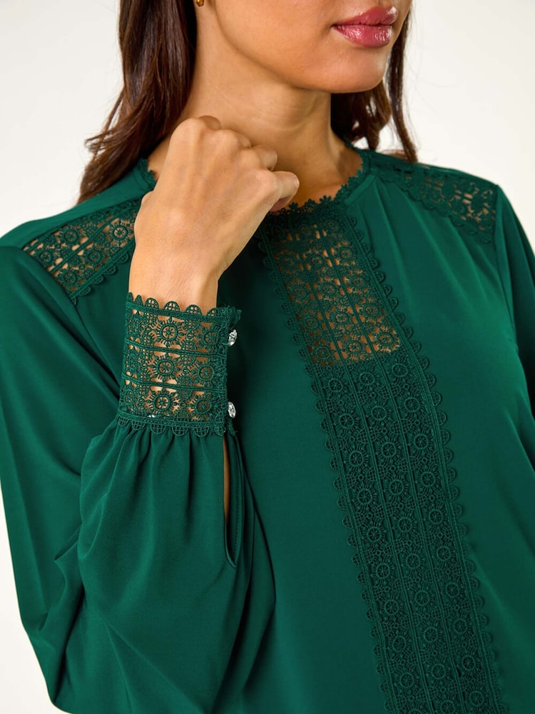 Roman Green Lace Trim Detail Stretch Top - Image 5 of 5
