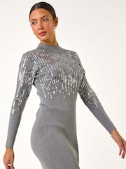 Roman Metallic Embellished High Neck Knit Dress - Image 1 of 5