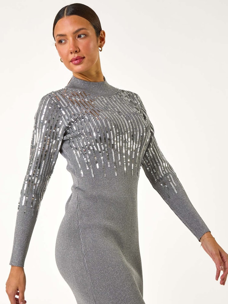 Roman Metallic Embellished High Neck Knit Dress - Image 1 of 5