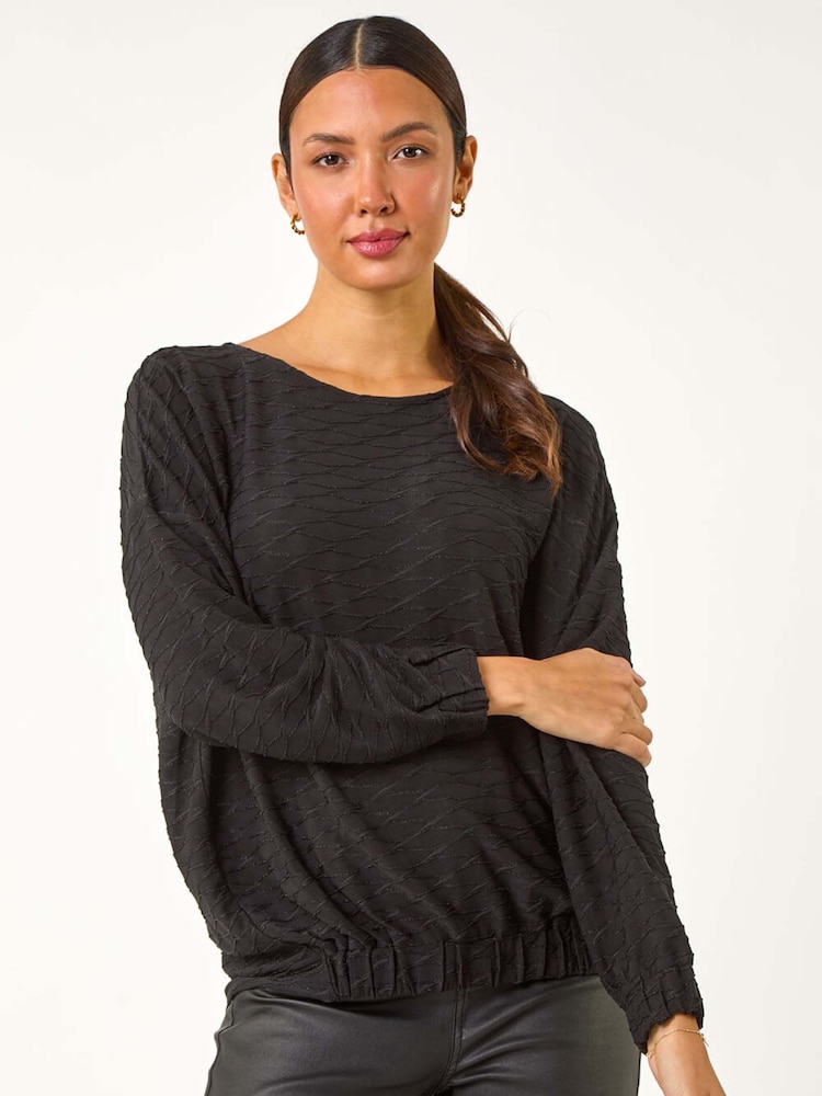 Roman Black Bubble Hem Textured Stretch Top - Image 3 of 5