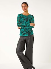 Roman Green Mesh Print Detail Stretch Top - Image 1 of 5