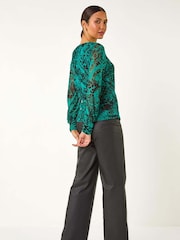 Roman Green Mesh Print Detail Stretch Top - Image 2 of 5
