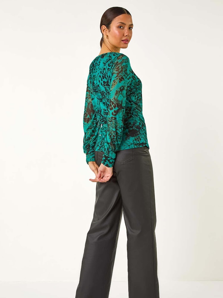 Roman Green Mesh Print Detail Stretch Top - Image 2 of 5