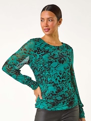 Roman Green Mesh Print Detail Stretch Top - Image 3 of 5