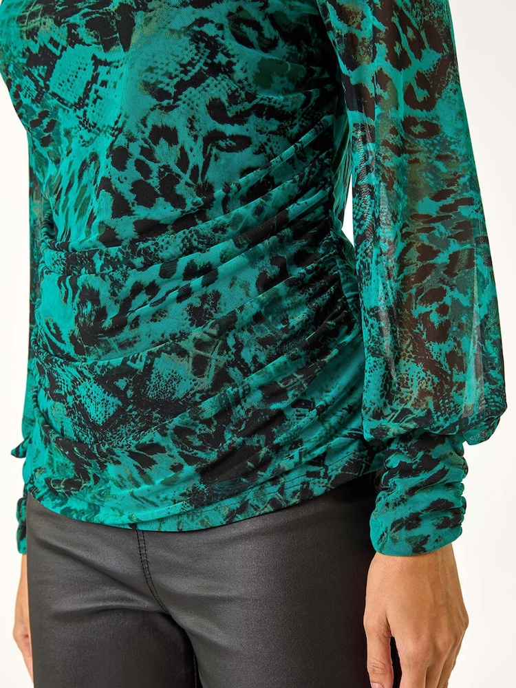 Roman Green Mesh Print Detail Stretch Top - Image 5 of 5