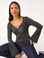 Roman Black Sweetheart Neck Ruched Knit Jumper - Image 1 of 5