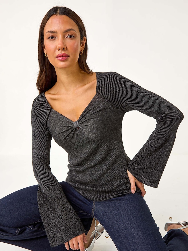 Roman Black Sweetheart Neck Ruched Knit Jumper - Image 1 of 5