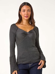 Roman Black Sweetheart Neck Ruched Knit Jumper - Image 4 of 5