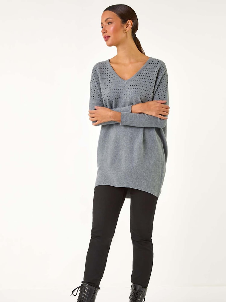Roman Grey Relaxed Hotfix V-Neck Knitted Jumper - Image 2 of 5