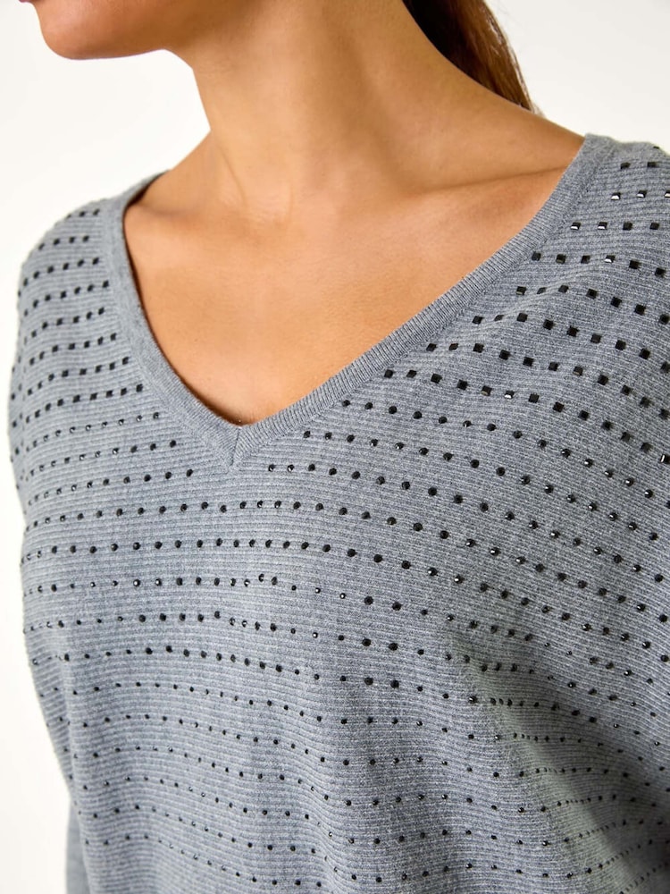 Roman Grey Relaxed Hotfix V-Neck Knitted Jumper - Image 5 of 5