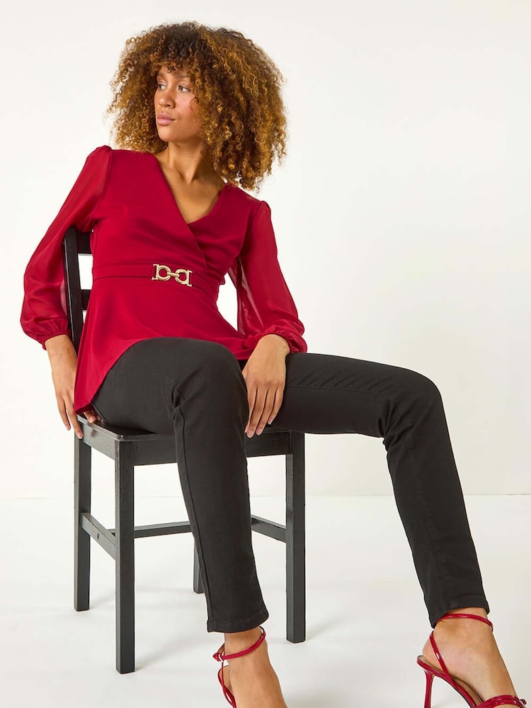 Roman Red Belted Peplum V-Neck Stretch Top - Image 1 of 5