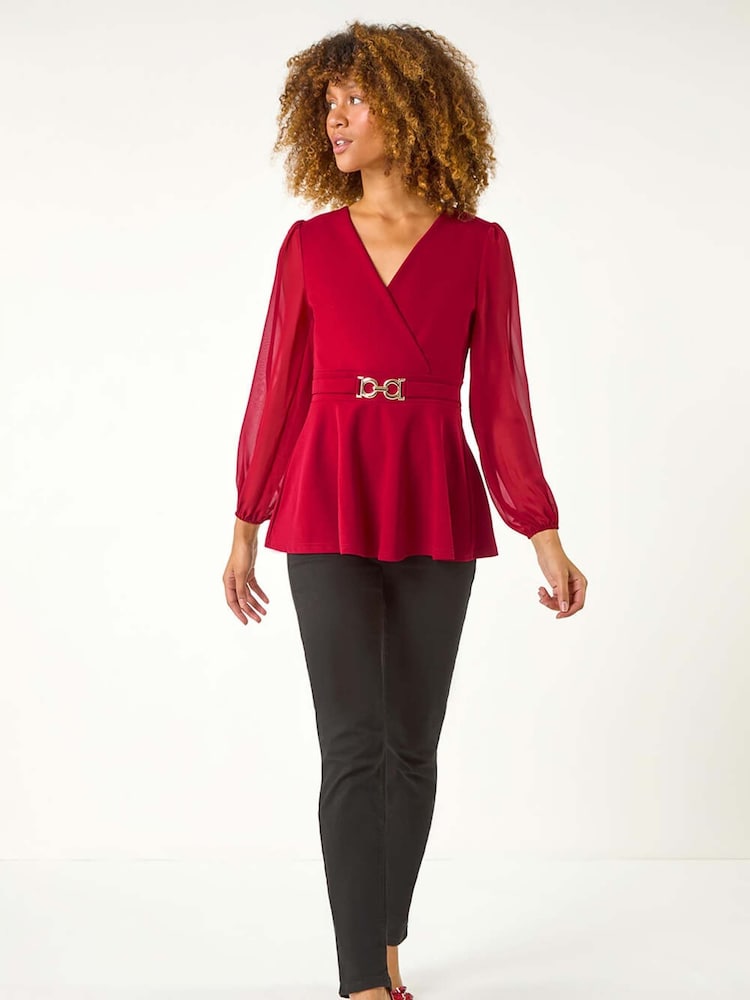 Rojo - Roman Belted Peplum V-Neck Stretch Top - Imagen 2 de 5 Rojo - Roman Belted Peplum V-Neck Stretch Top - Imagen 2 de 5