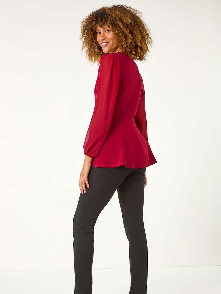 Roman Red Belted Peplum V-Neck Stretch Top - Image 3 of 5