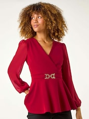 Roman Red Belted Peplum V-Neck Stretch Top - Image 4 of 5