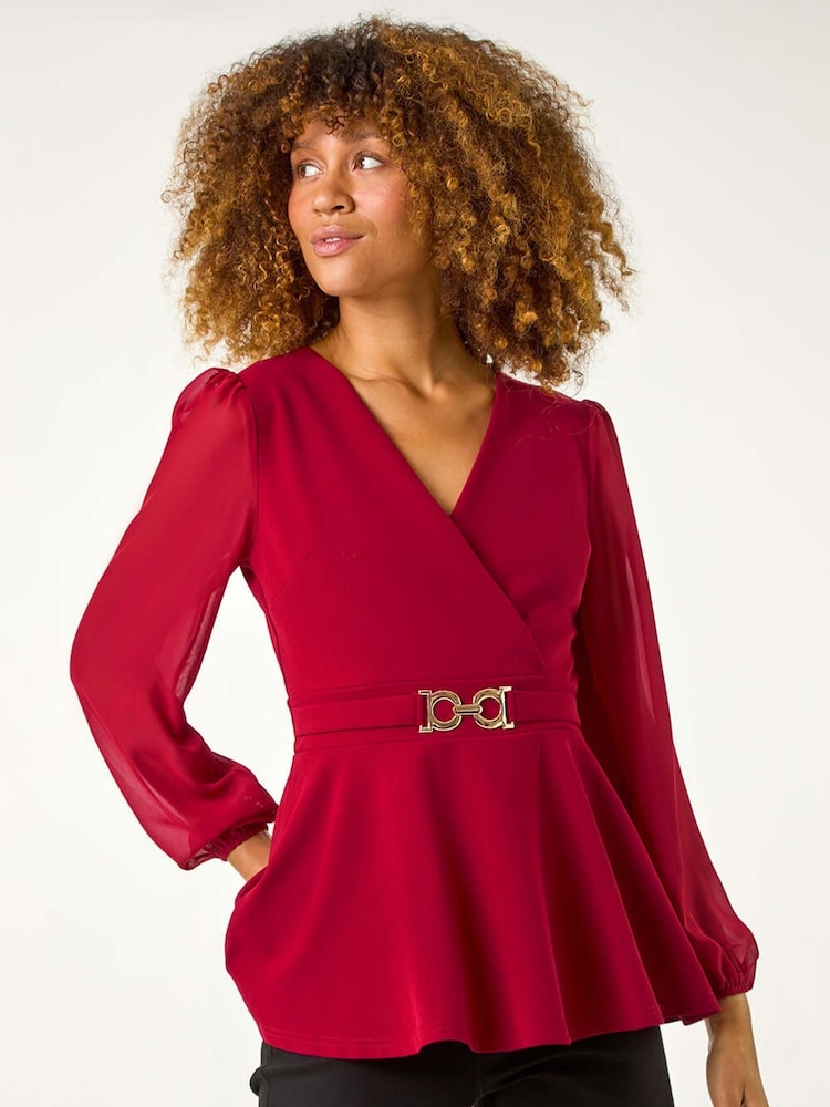 Roman Red Belted Peplum V-Neck Stretch Top - Image 4 of 5