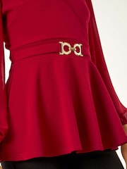 Roman Red Belted Peplum V-Neck Stretch Top - Image 5 of 5