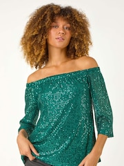 Roman Green Sequin Detail Bardot Top - Image 2 of 5