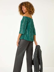 Roman Green Sequin Detail Bardot Top - Image 3 of 5