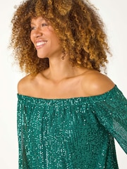Roman Green Sequin Detail Bardot Top - Image 4 of 5