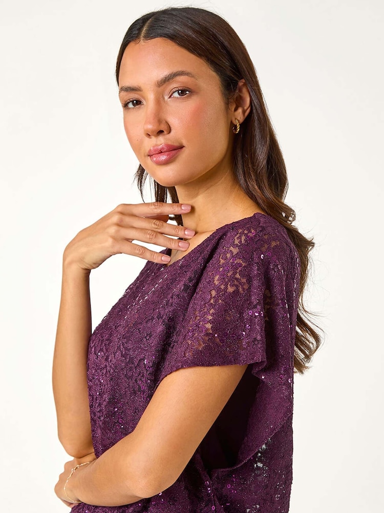 Morado - Roman Sequin Lace Stretch Overlay Top - Imagen 1 de 5 Morado - Roman Sequin Lace Stretch Overlay Top - Imagen 1 de 5