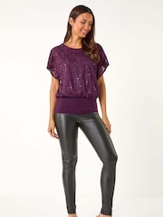 Roman Purple Sequin Lace Stretch Overlay Top - Image 2 of 5