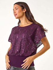 Roman Purple Sequin Lace Stretch Overlay Top - Image 4 of 5
