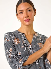 Roman Grey Floral Print Textured Stretch Blouse - Image 1 of 5