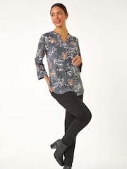 Roman Grey Floral Print Textured Stretch Blouse - Image 2 of 5