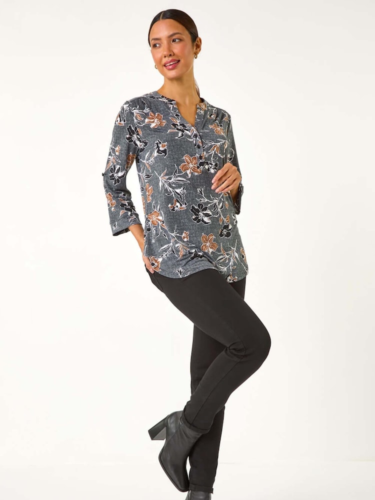 Roman Grey Floral Print Textured Stretch Blouse - Image 2 of 5