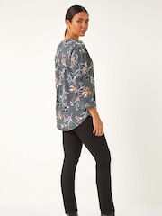 Roman Grey Floral Print Textured Stretch Blouse - Image 3 of 5