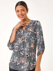Roman Grey Floral Print Textured Stretch Blouse - Image 4 of 5