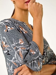 Roman Grey Floral Print Textured Stretch Blouse - Image 5 of 5