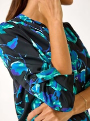 Roman Blue Floral Print Satin Button Blouse - Image 2 of 5