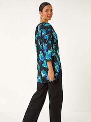 Roman Blue Floral Print Satin Button Blouse - Image 3 of 5