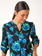 Roman Blue Floral Print Satin Button Blouse - Image 4 of 5