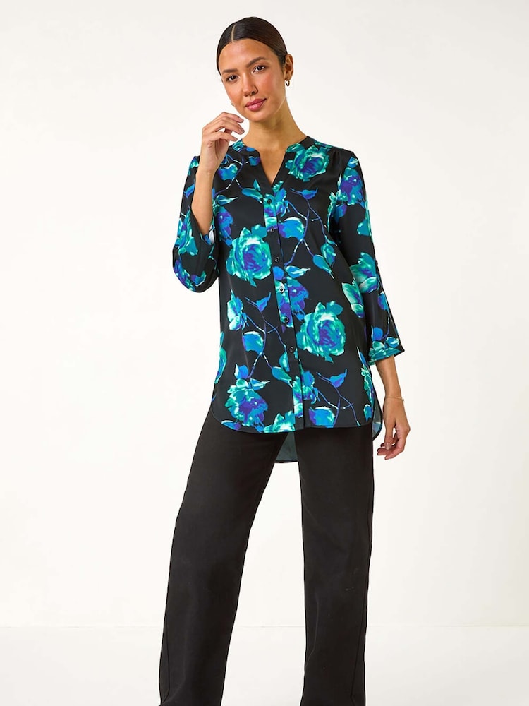 Roman Blue Floral Print Satin Button Blouse - Image 5 of 5